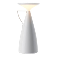 Modern white lamp with a sleek cone shape and soft, ambient light emitting from the top.