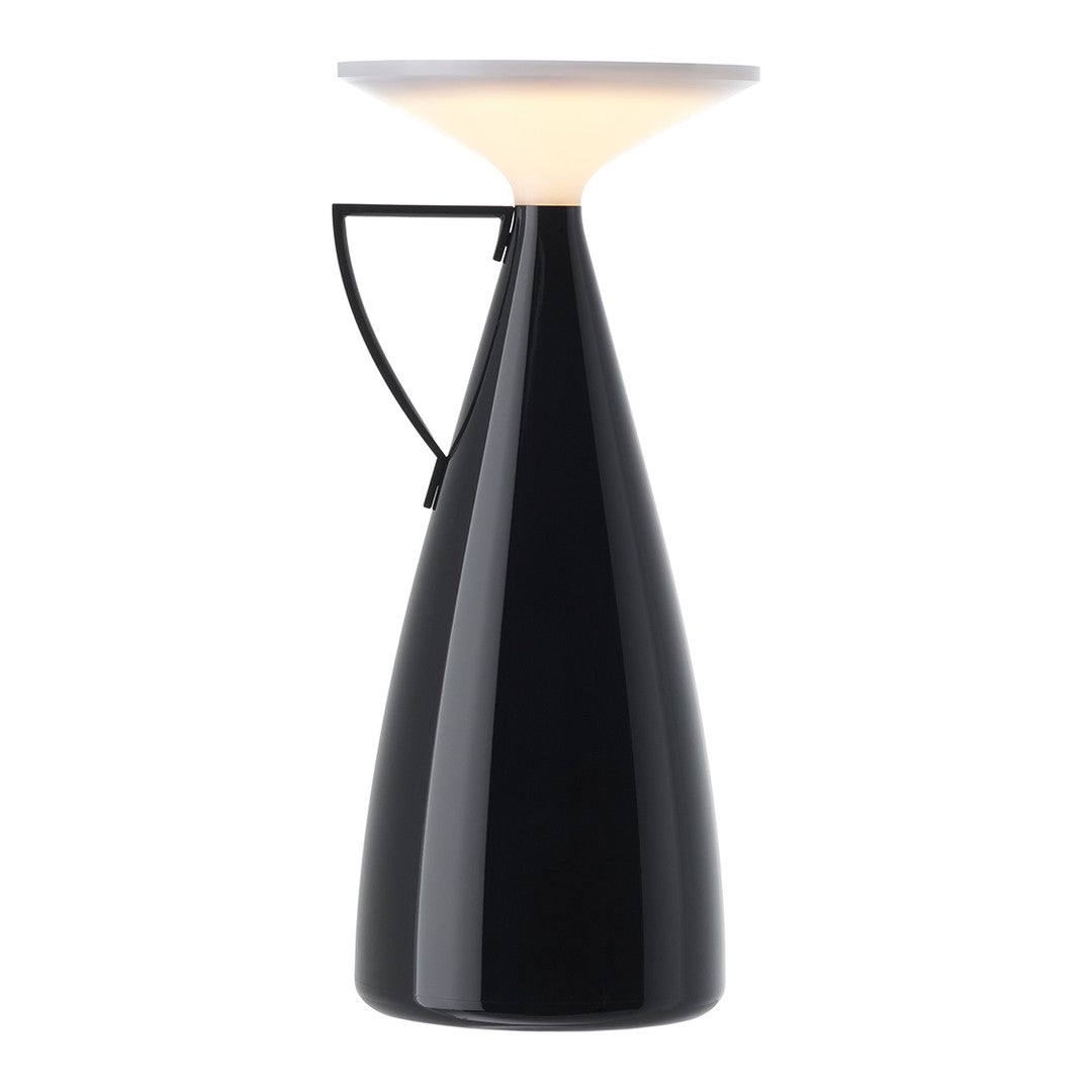 Black modern lamp with a glossy finish and sleek white shade, featuring a minimalist design.