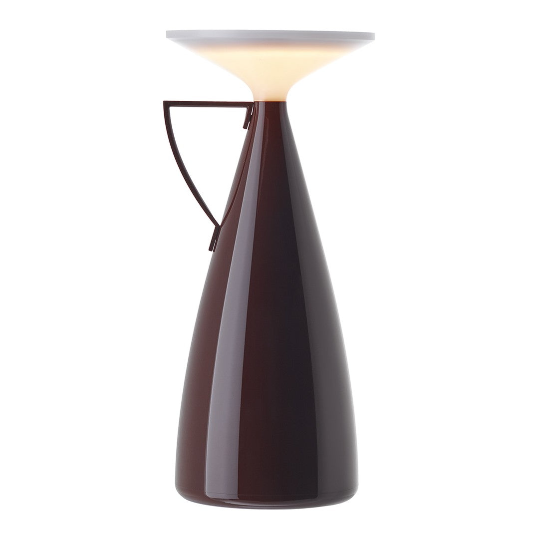 Brown conical lamp with a glossy finish and a white lampshade, featuring a modern, minimalist design.
