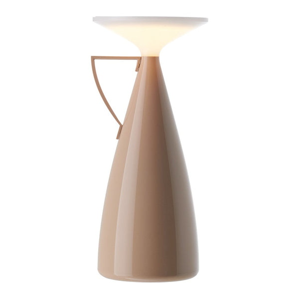 Beige cone-shaped table lamp with a sleek handle and warm white light. Perfect for modern decor.