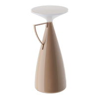 Modern beige and white tapered side table with sleek, minimalistic design and a smooth glossy finish.