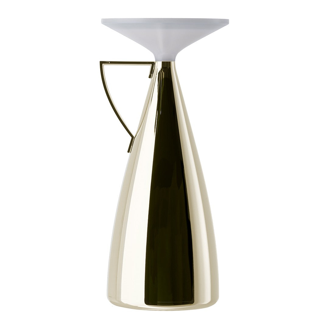 Gold and white modern vase with a sleek, minimalist design and reflective surface. Perfect for elegant decor.