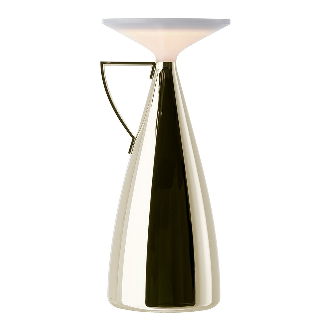 Gold and white modern table lamp with a sleek, elegant design and a smooth, reflective finish. Perfect for home decor.