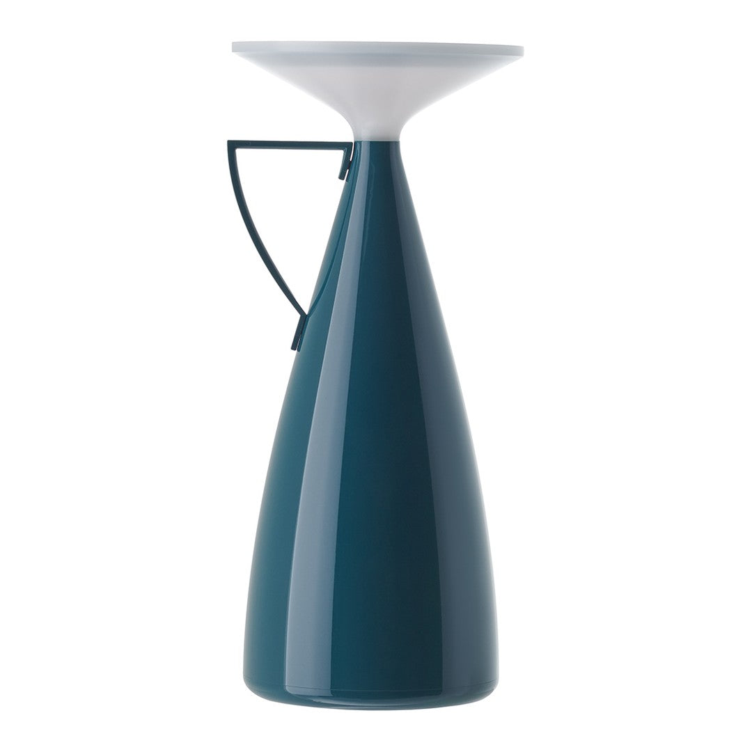 Teal ceramic vase with a glossy finish and a contrasting white top, featuring a sleek modern design.