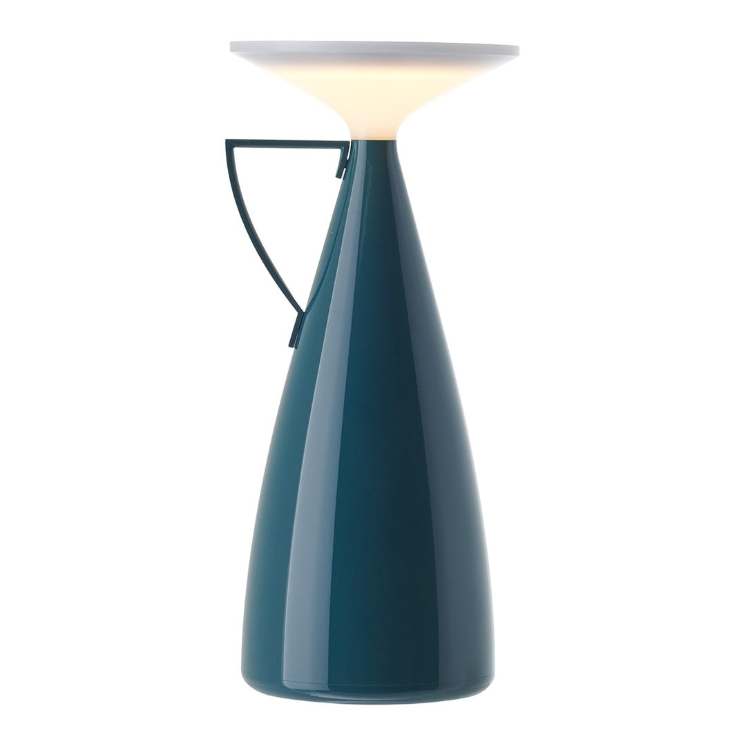 Teal ceramic lamp with a glossy finish and a white shade, featuring a sleek, modern design.