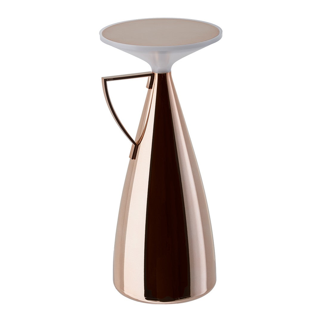 Rose gold teardrop vase with a sleek white top and elegant handle design, featuring a glossy metallic finish.