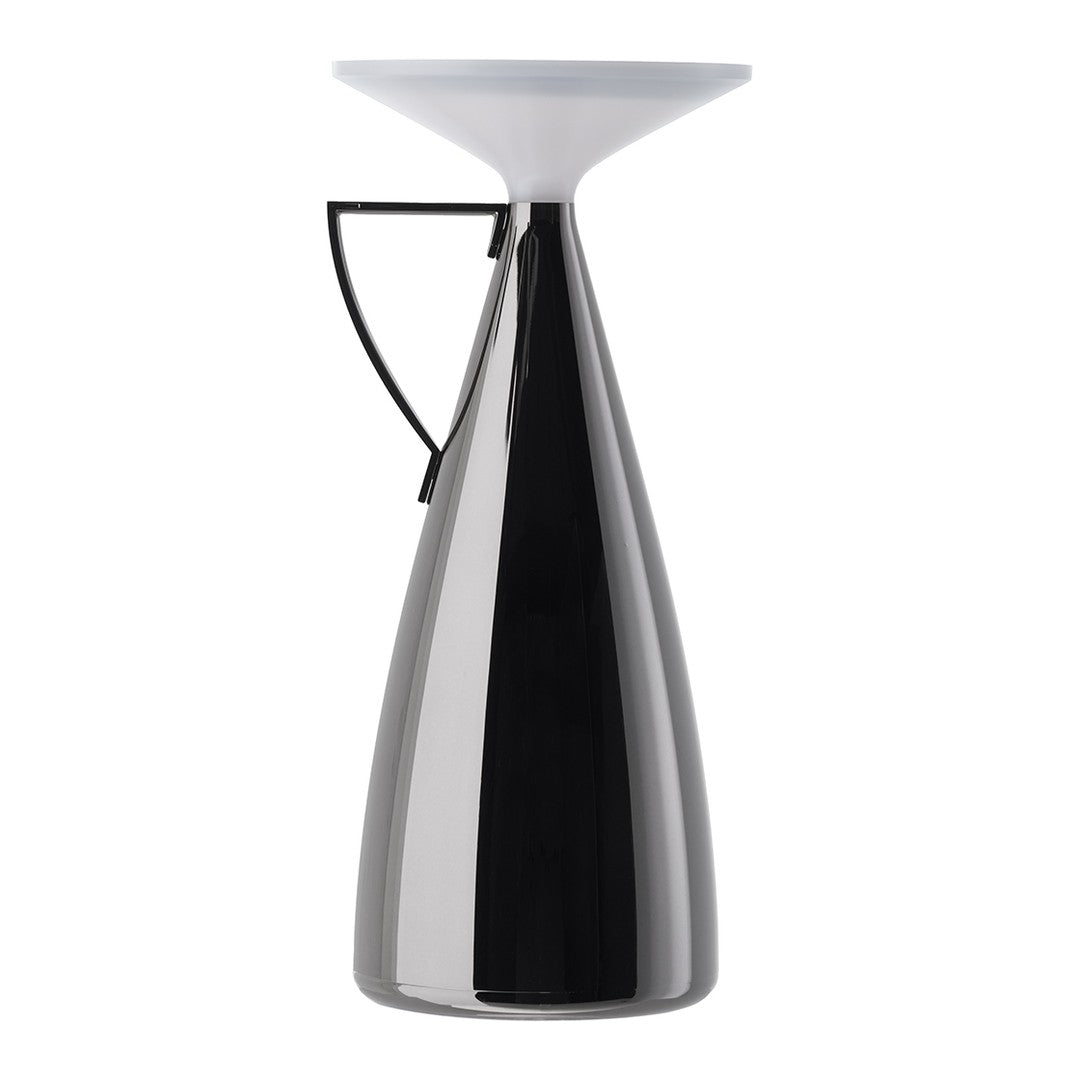 Sleek black and glossy silver vase with a white top and stylish black handle, perfect for modern decor.