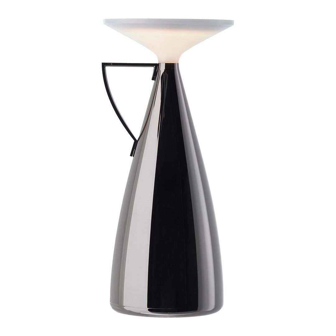 Sleek black and white lamp with a glossy finish and a frosted shade, featuring a modern, elegant design.
