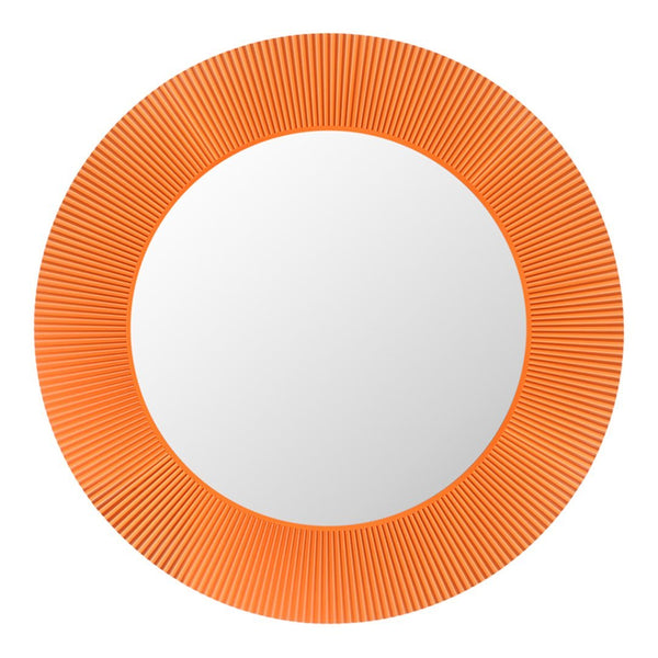 Round mirror with a vibrant orange fluted frame, showcasing unique ribbed pattern. Perfect for modern decor.