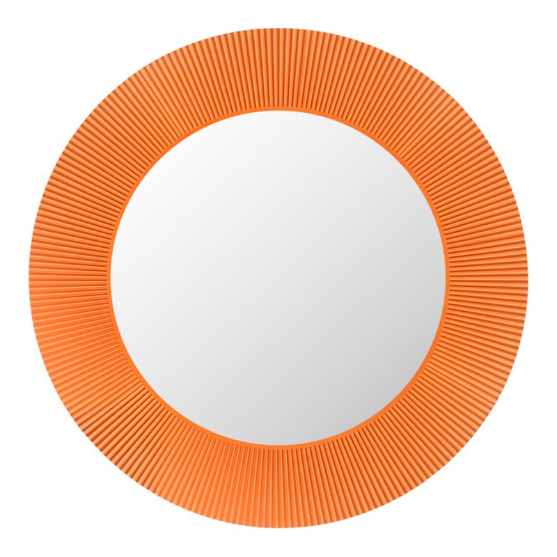 Round mirror with a vibrant orange fluted frame, showcasing unique ribbed pattern. Perfect for modern decor.