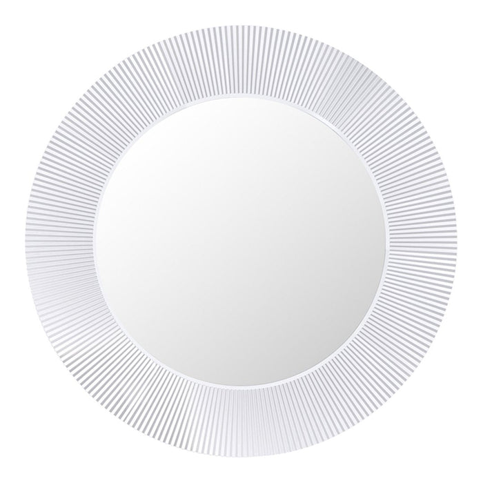 Round mirror with a textured white radial pattern framing a clear reflection. Elegant design for modern decor.