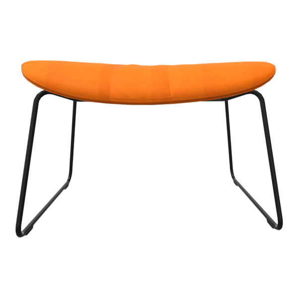 Orange upholstered bench with a sleek black metal frame, featuring a smooth, curved design.