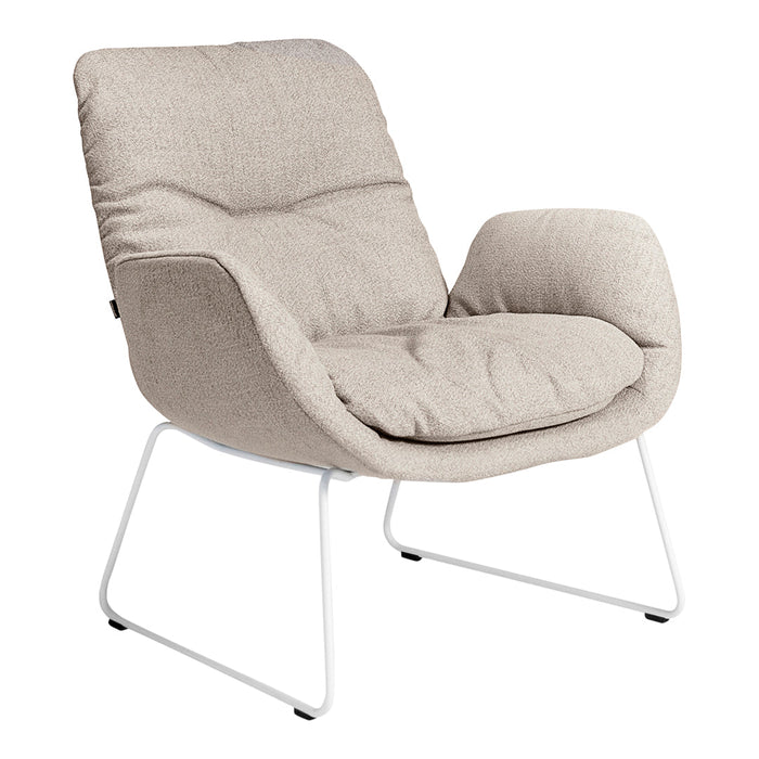 Beige textured chair with a soft fabric and white metal legs, perfect for modern decor.