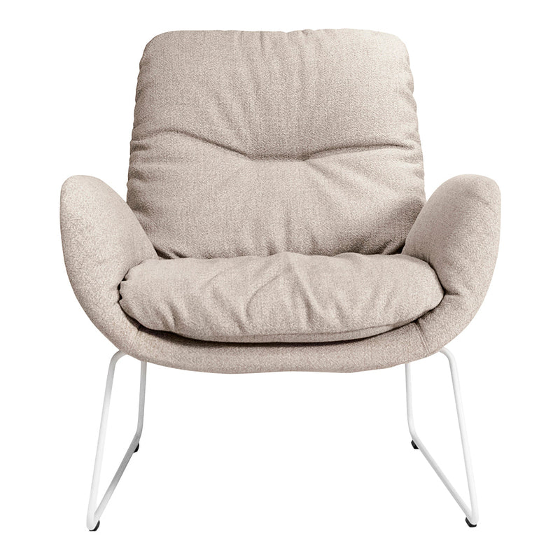 Beige plush chair with a textured fabric and white metal legs, perfect for modern living spaces.