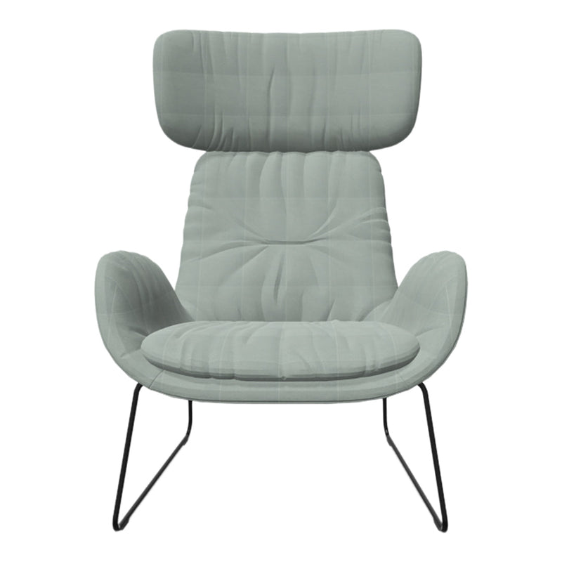 Light grey accent chair with a quilted pattern and sleek black metal legs for modern decor.