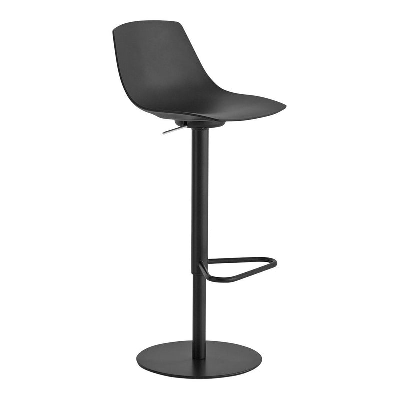 Sleek black bar stool with a smooth, minimalist design and a sturdy circular base. Perfect for modern decor.