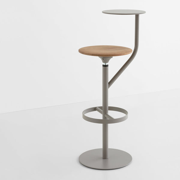 Modern bar stool with a walnut wood seat and sleek metallic gray base, featuring a minimalistic design.
