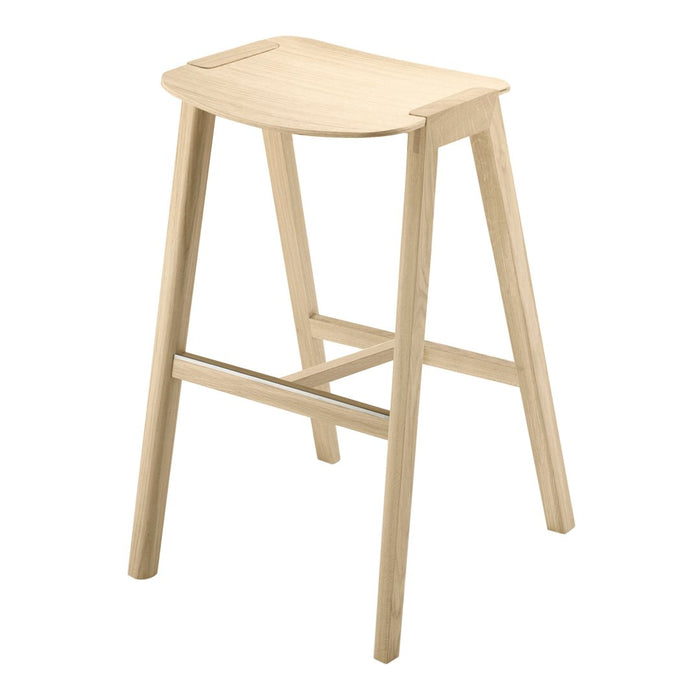 Light natural wood bar stool with a smooth, minimalist design and curved seat, showcasing simple, clean lines.