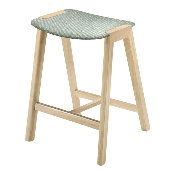 Light wood bar stool with a soft, textured mint green seat, featuring simple and modern design elements.