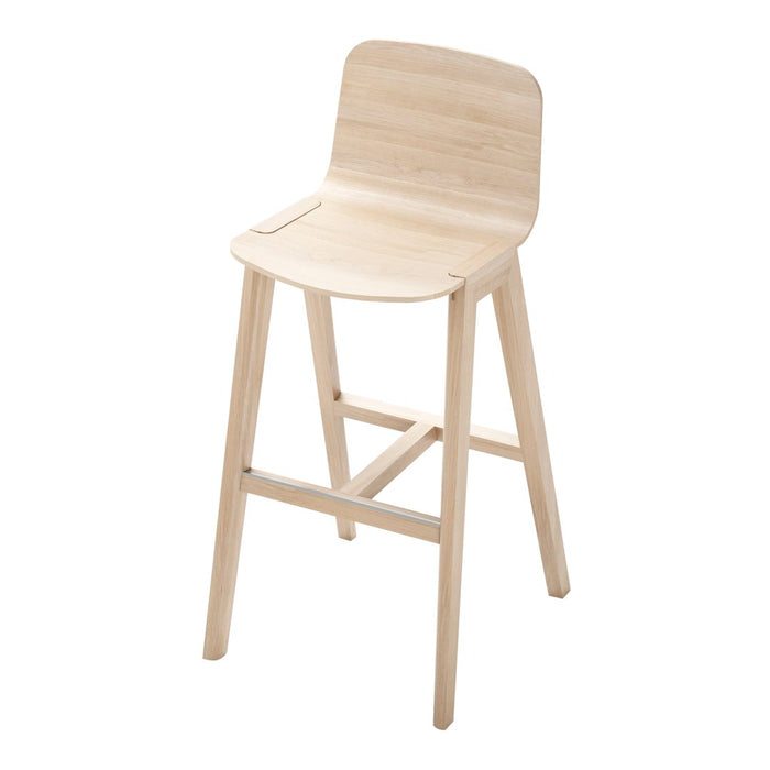 Natural light wood bar stool with a smooth finish and minimalistic design, featuring clean lines and a simple silhouette.
