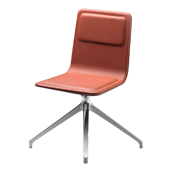 Brown leather chair with a sleek design and chrome base, showcasing a modern, minimalist aesthetic.