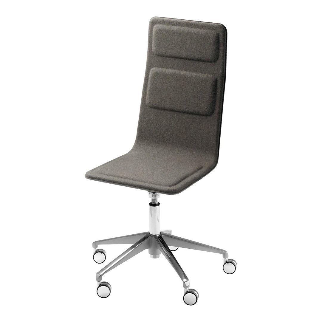 Gray upholstered office chair with a sleek modern design and subtle stitched patterns, set on a chrome base with wheels.