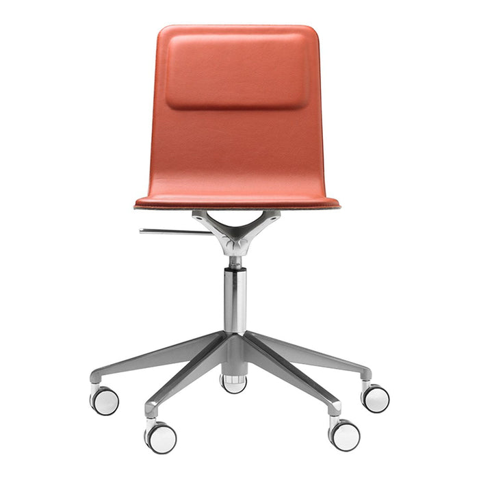 Modern swivel chair in vibrant coral with a sleek silver base and minimalist design. Perfect for contemporary decor.