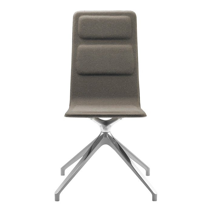 Stylish gray upholstered chair with a smooth, minimalist design and sleek chrome base, ideal for modern decor.