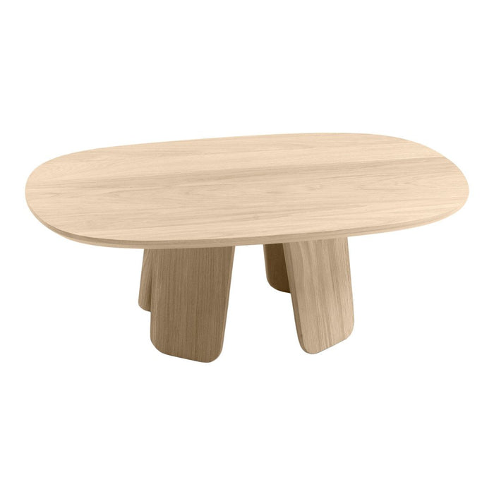 Light natural wood oval coffee table with smooth finish and rounded edges, featuring simple, modern design.