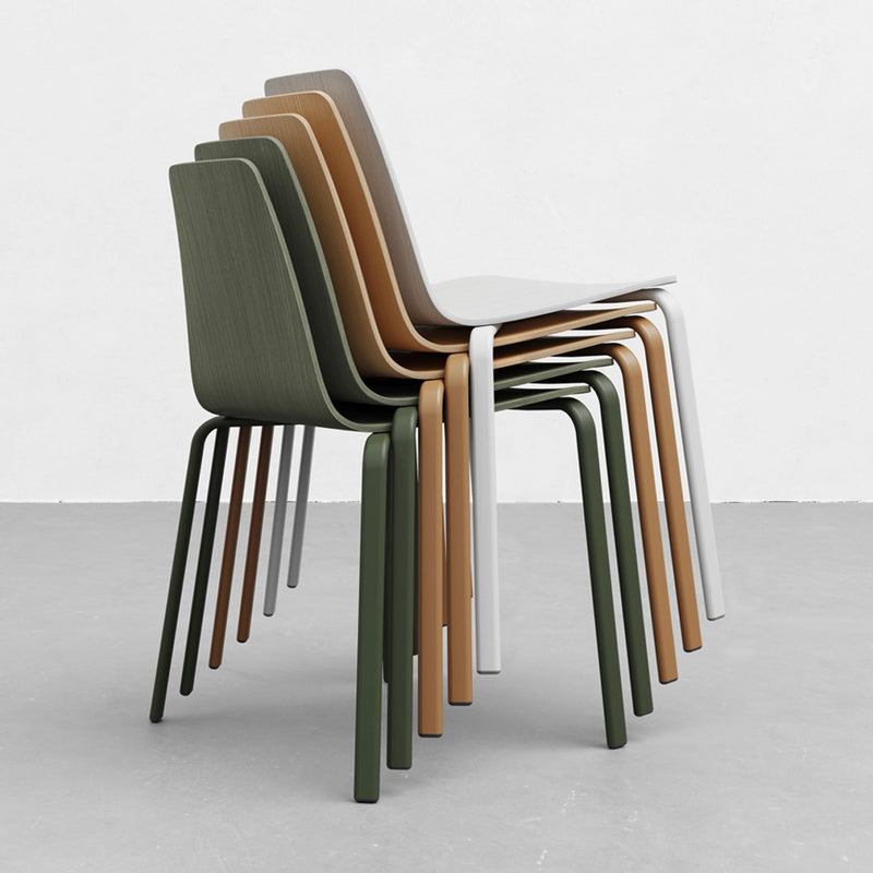 Stacked chairs in olive green, light gray, warm brown, and white, featuring smooth, modern designs.