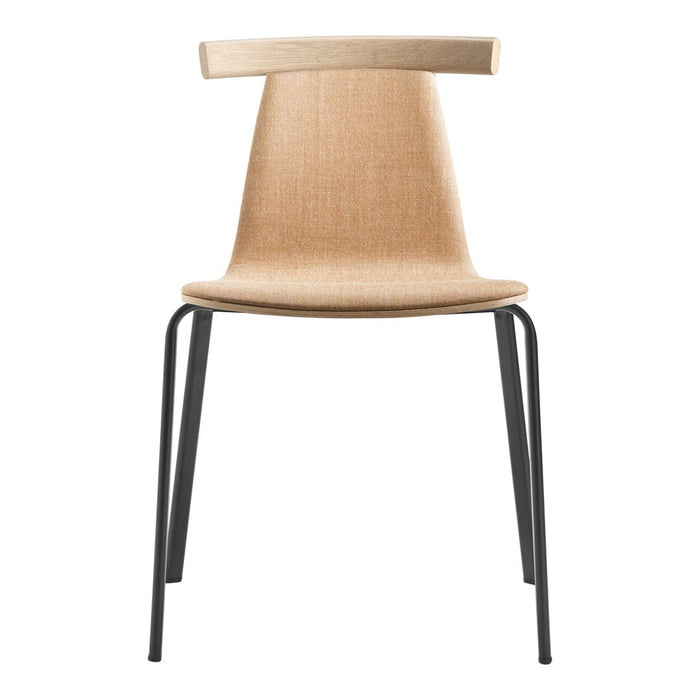 Beige fabric chair with a smooth texture and sleek black metal legs, featuring a minimalist design.
