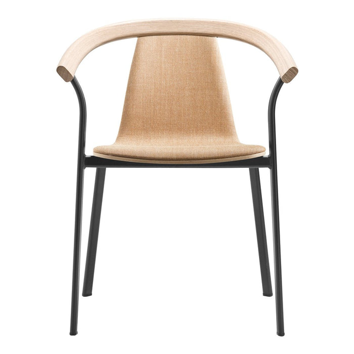 Tan woven seat with a black metal frame, featuring a curved backrest design for a modern, stylish look.