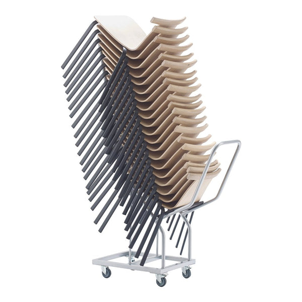 Stacked chairs in natural wood tones with sleek black metal legs, arranged on a mobile cart.