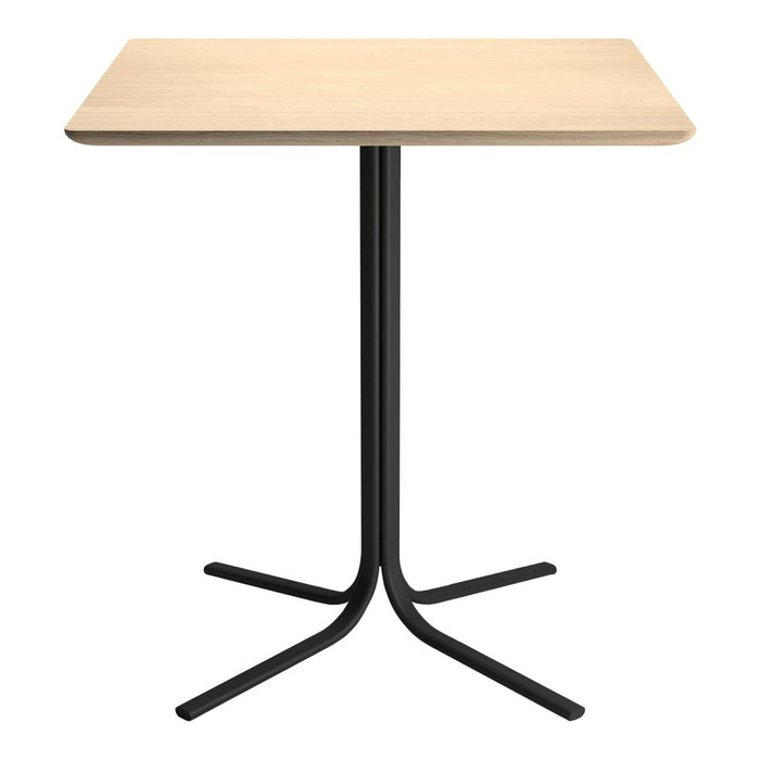 Light wood square tabletop with a sleek black metal base, minimalistic design for modern decor.