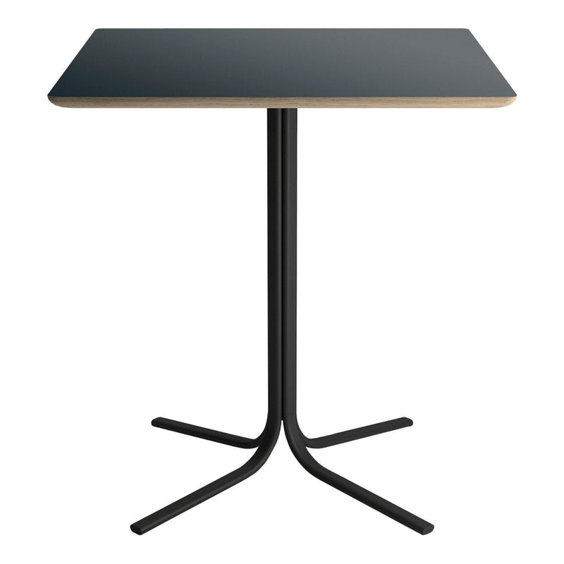 Black tabletop with a light wood edge and a sleek black metal base, showcasing a modern and minimalist design.