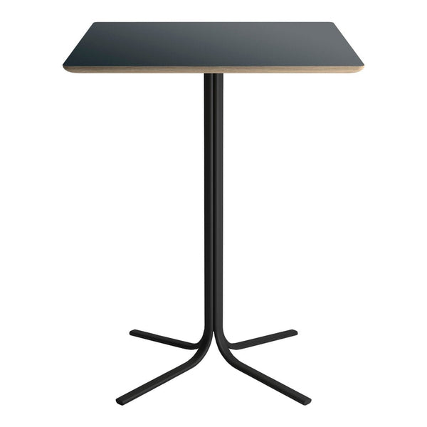 Black tabletop with light wood edge and sleek black base, featuring a modern minimalistic design.