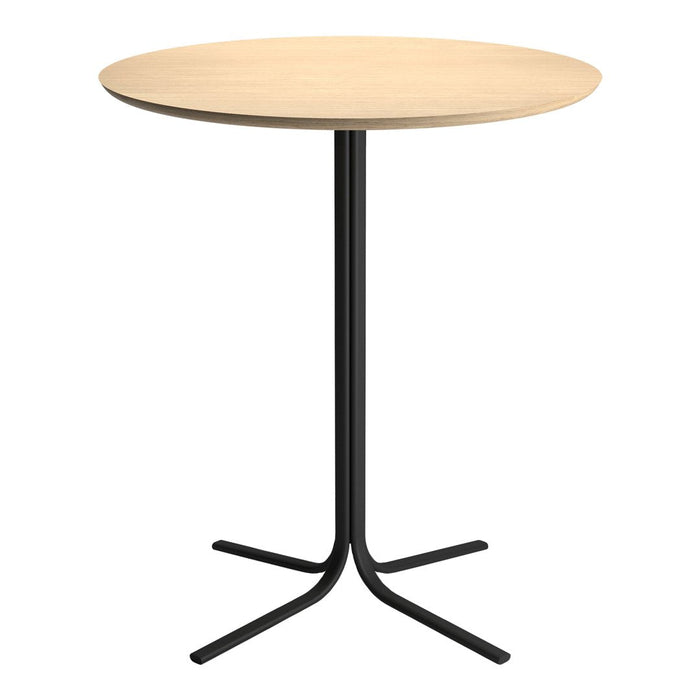 Round wooden tabletop in light beige with a sleek black metal base, minimalist design perfect for modern spaces.