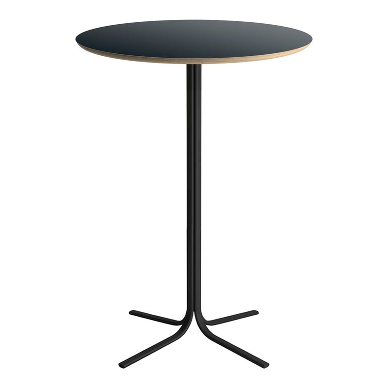 Round black tabletop with natural wood edge on a sleek black base, perfect for modern decor.