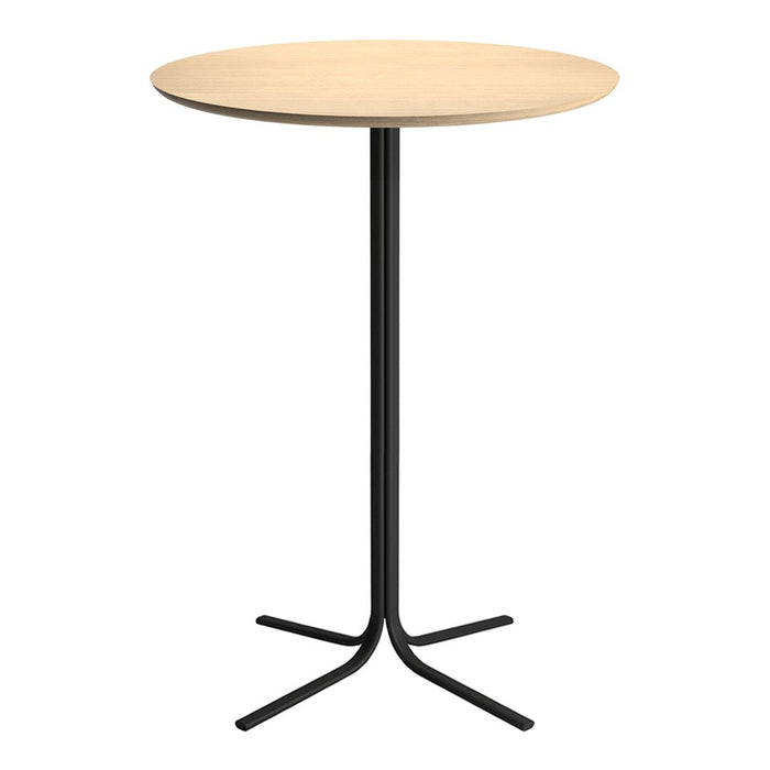 Round wooden tabletop in natural finish with a sleek black metal base, perfect for modern decor.