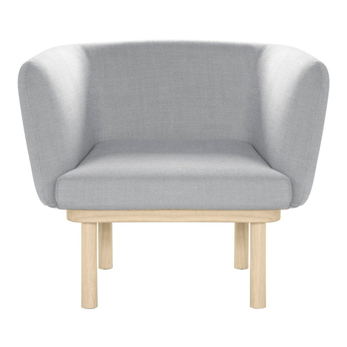 Gray upholstered chair with smooth fabric and light wooden legs, featuring a modern, minimalist design.