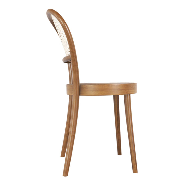Wooden chair with a warm brown finish and a woven cane backrest, showcasing a natural and stylish design.