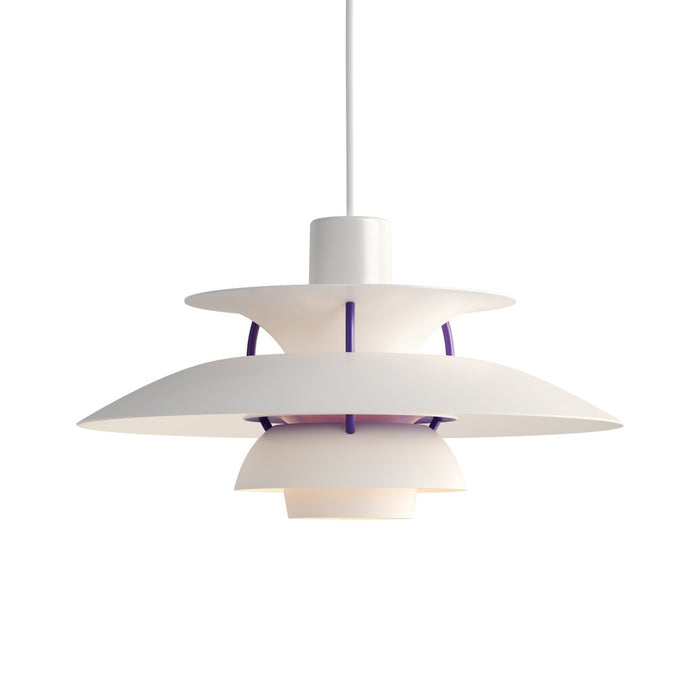 Modern white pendant lamp with layered design and vibrant purple accents. Stylish and contemporary lighting solution.