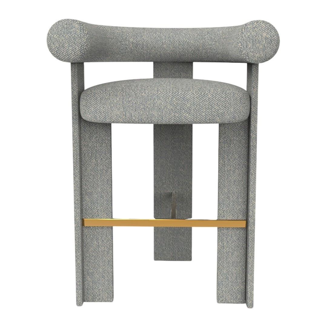 Gray upholstered bar stool with soft curves and a natural wood accent strip. Modern, minimalist design.