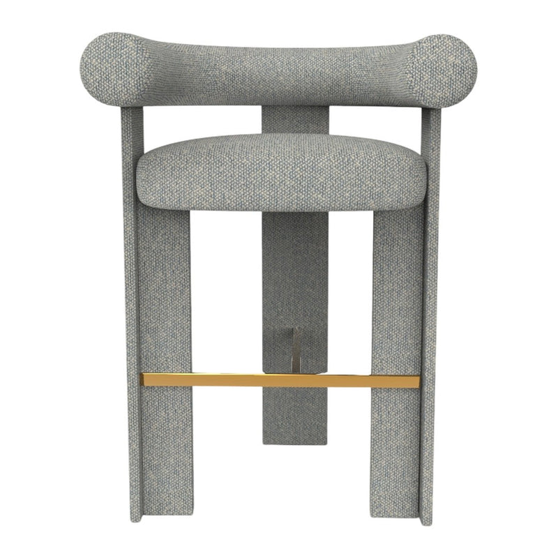 Gray upholstered bar stool with soft curves and a natural wood accent strip. Modern, minimalist design.