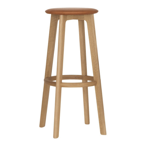 Natural wood bar stool with a light oak frame and a smooth, warm-toned wooden seat. Minimalist design.