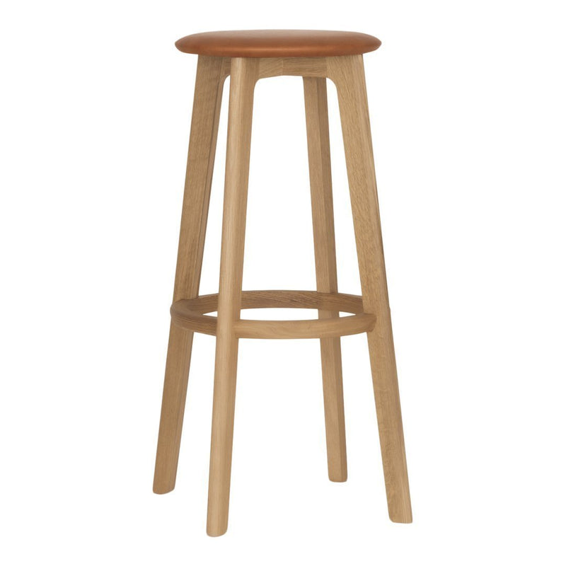 Natural wood bar stool with a light oak frame and a smooth, warm-toned wooden seat. Minimalist design.
