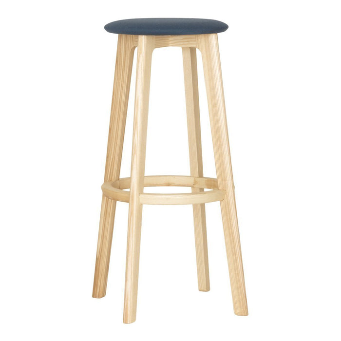 Natural wood bar stool with a sleek, dark blue seat and simple, modern design. Perfect for any contemporary decor.