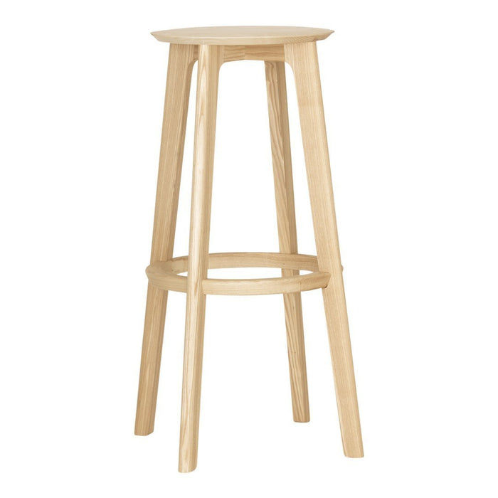 Natural wood bar stool with a light, neutral finish and smooth, sleek design, showcasing simple elegance.