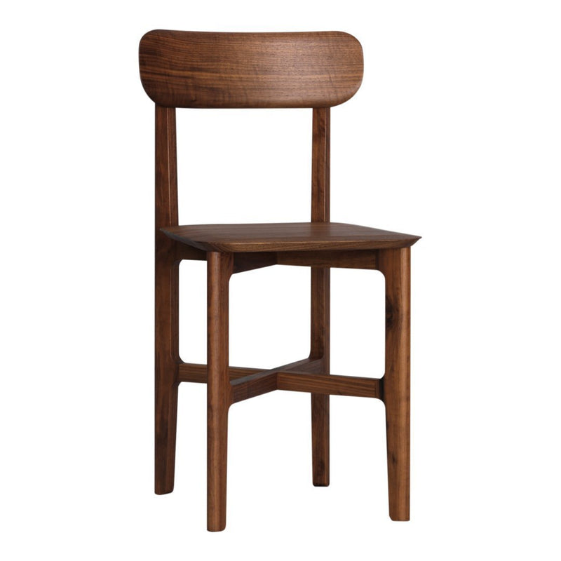 Wooden chair in rich walnut finish with smooth, minimalist design and natural texture. Perfect for modern decor.