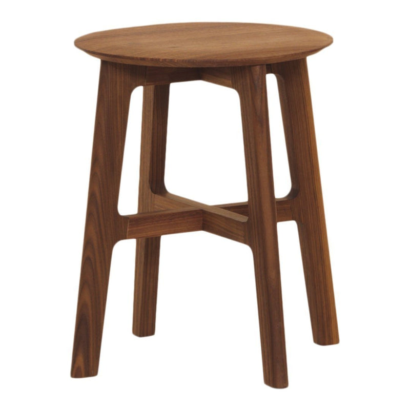 "Round wooden stool with a rich walnut finish and smooth, simple design."